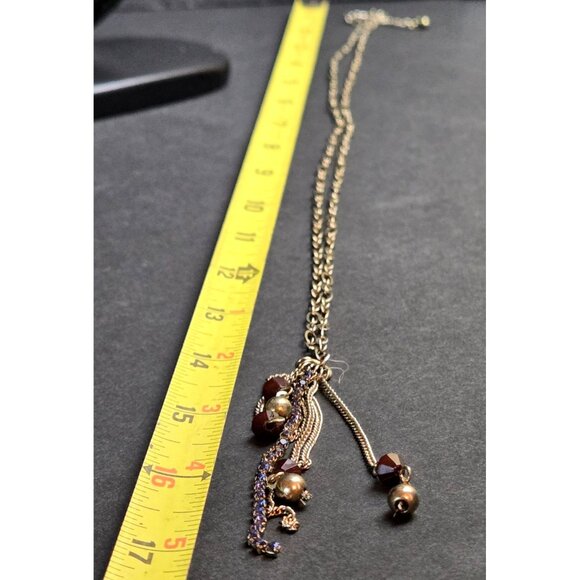 Boho Tassel Fashion Necklace Gold Brass Tone Brown Beads Blue Rhinestones 28" - Picture 6 of 7